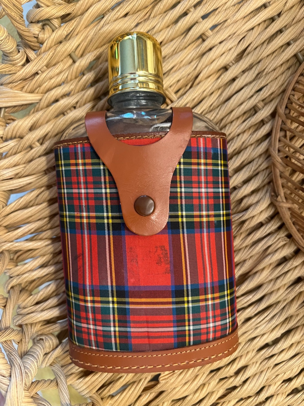 Vintage Red Tartan Plaid Leather-Trim Flask with Gold Cap cowhide case